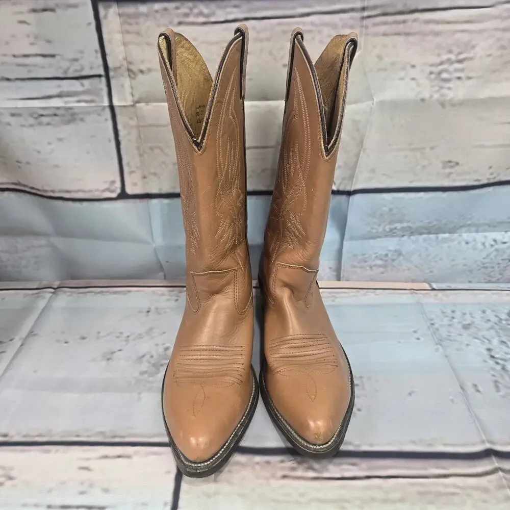 Double H Men's Cowboy Western Boots Tan Leather Round Toe Size 10 D Pull On